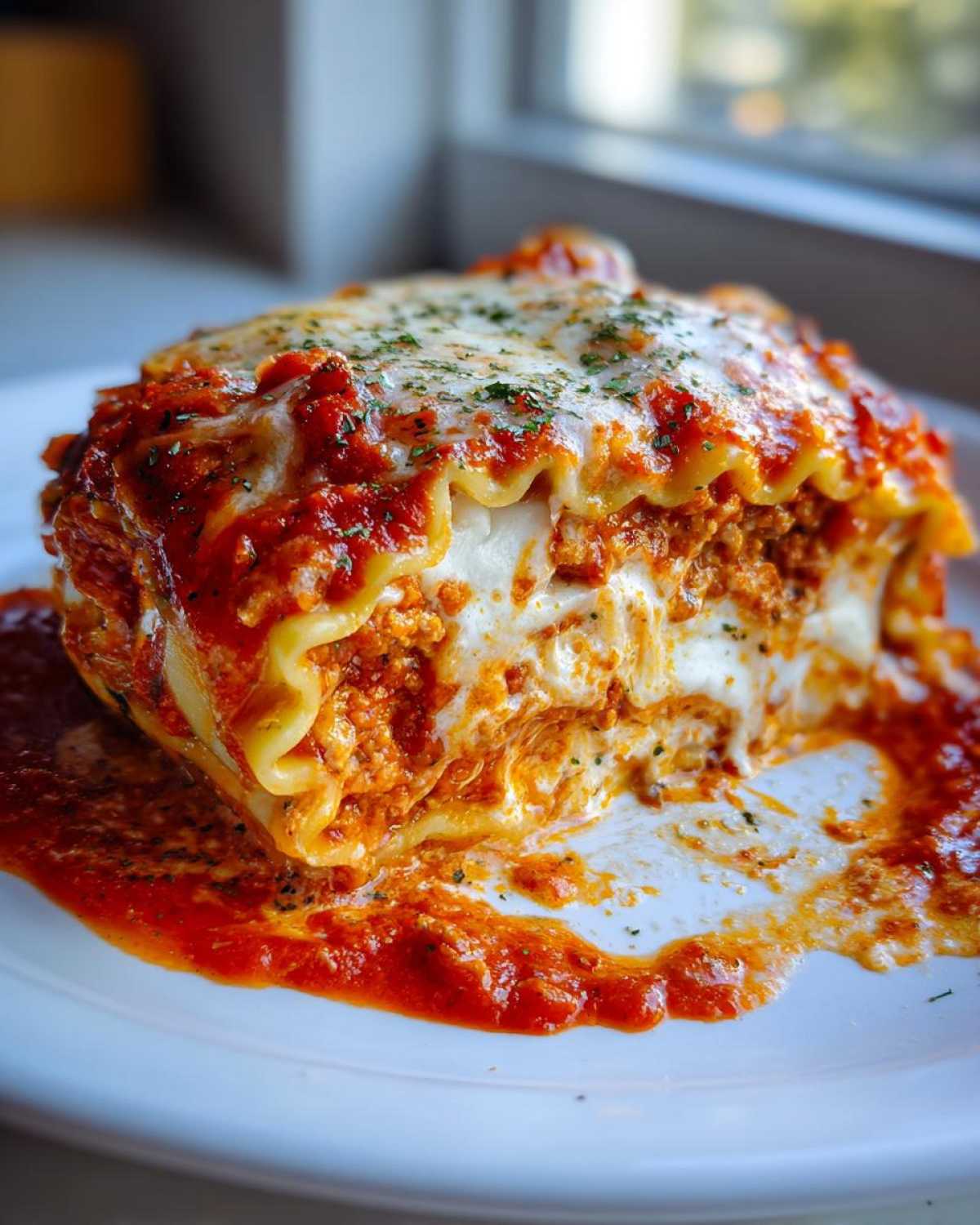 A close-up of a rich, cheesy slice of lazy lasagna covered in meat sauce and melted mozzarella.