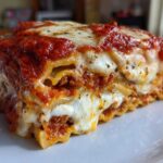 Close-up of a thick, cheesy slice of lazy lasagna topped with rich tomato sauce and herbs.