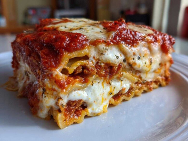 Close-up of a thick, cheesy slice of lazy lasagna topped with rich tomato sauce and herbs.