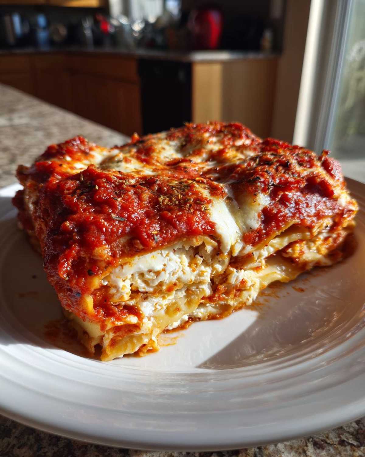 A generous slice of lazy lasagna showing layers of pasta, ricotta cheese, and topped with vibrant red tomato sauce and herbs.