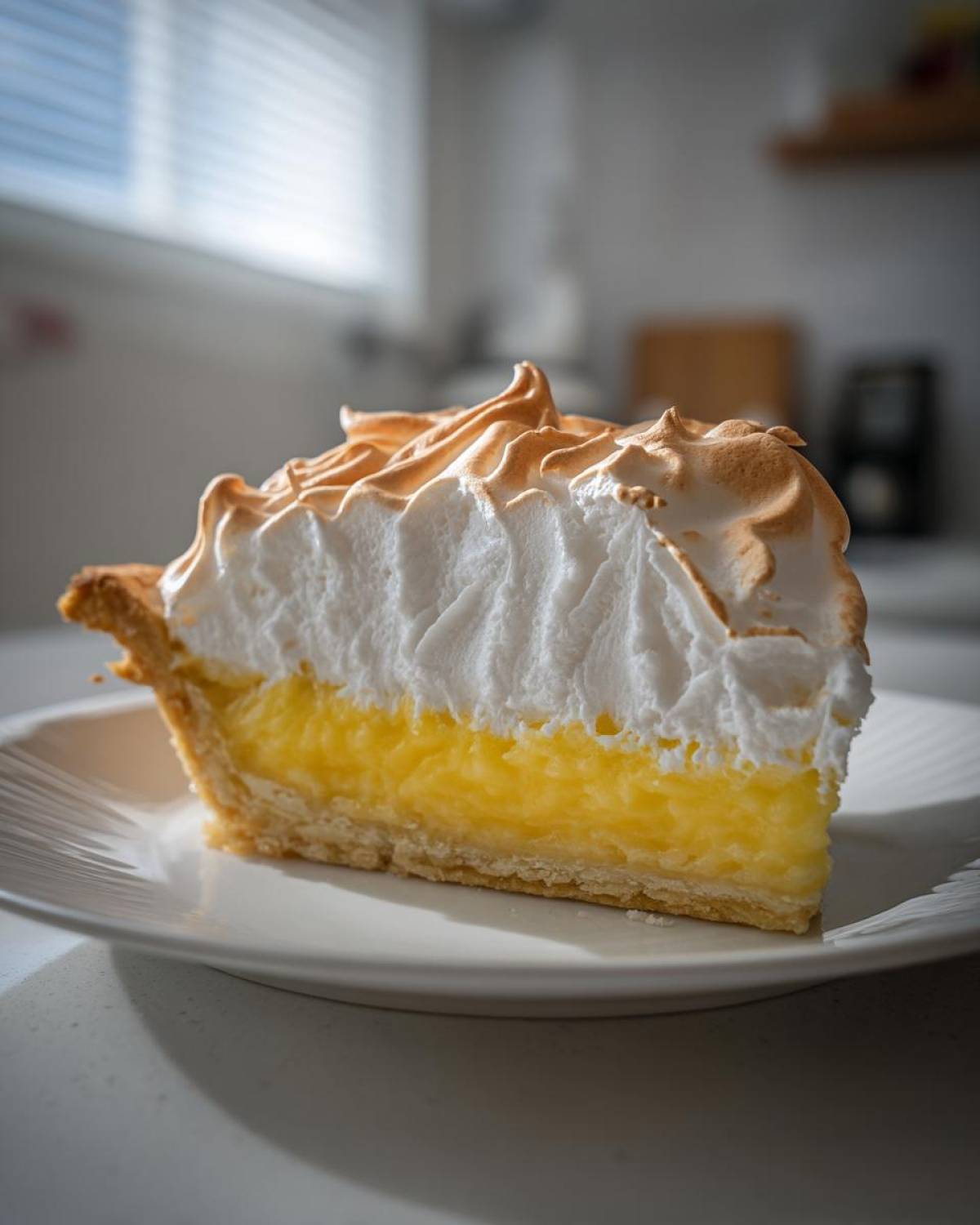 A close-up of a thick slice of lemon meringue pie showing the golden crust, bright yellow filling, and toasted meringue topping.