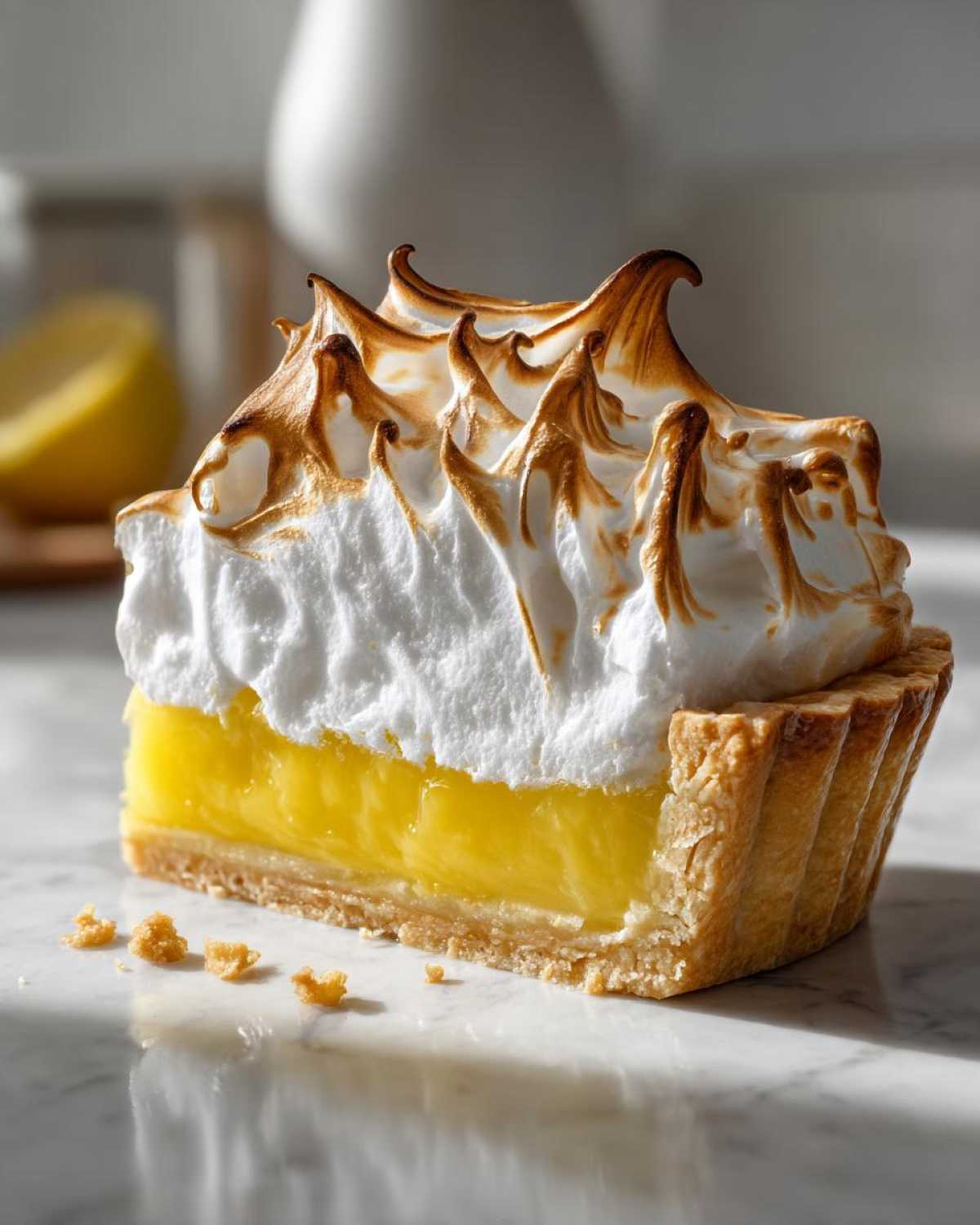 A close-up of a perfect slice of lemon meringue pie showing bright yellow filling, flaky crust, and tall, torched meringue peaks.