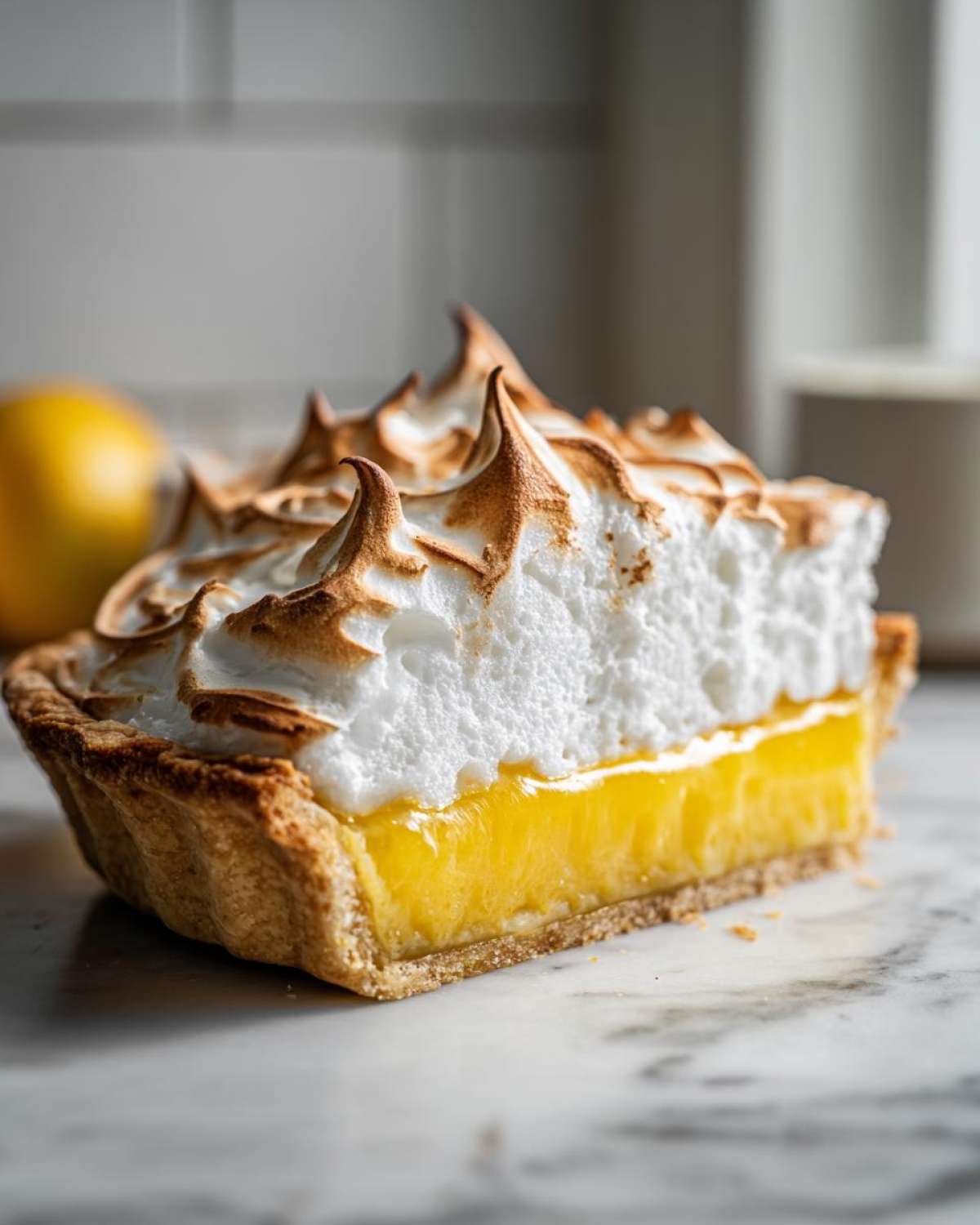 Cross-section of a slice of lemon meringue pie showing bright yellow filling, crust, and tall, toasted meringue peaks.