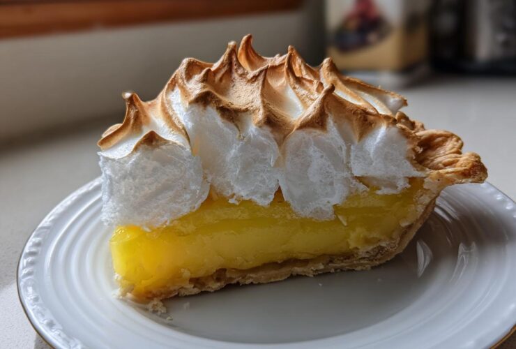 A perfect slice of lemon meringue pie showing bright yellow filling and high, toasted meringue peaks.