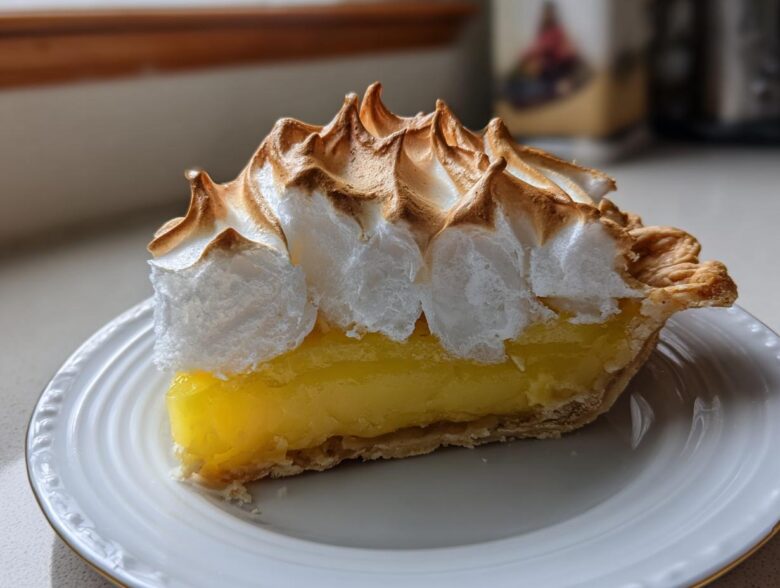 A perfect slice of lemon meringue pie showing bright yellow filling and high, toasted meringue peaks.