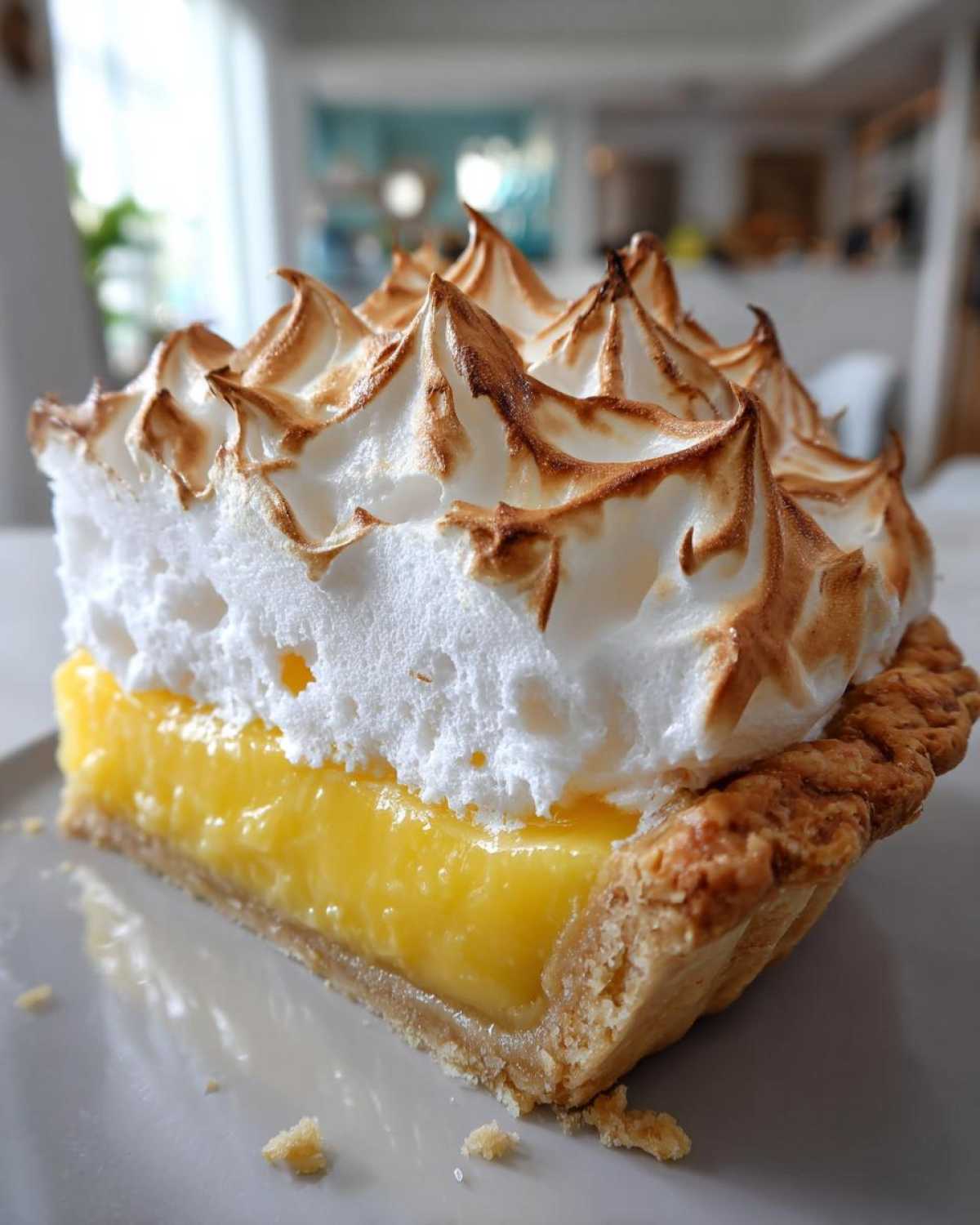 A close-up slice of lemon meringue pie showing bright yellow filling, flaky crust, and towering, toasted meringue peaks.