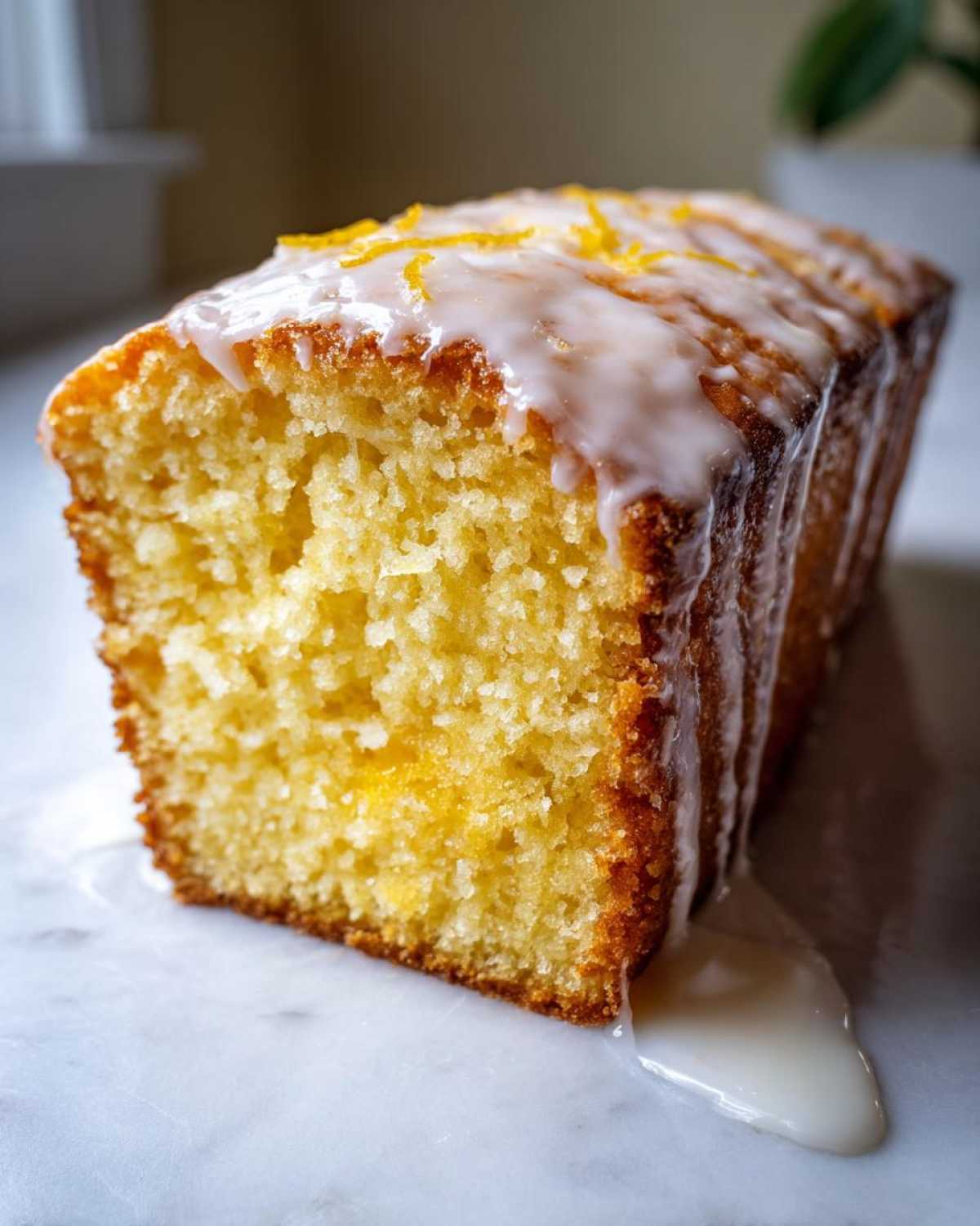 A close-up of a slice of moist lemon pound cake drizzled with white glaze and topped with lemon zest.