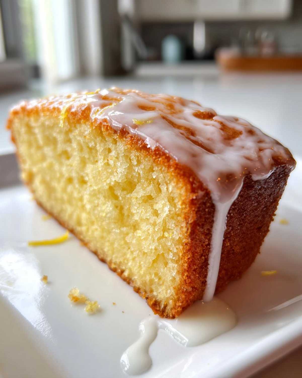 Close-up of a moist slice of lemon pound cake topped with dripping white glaze and zest.