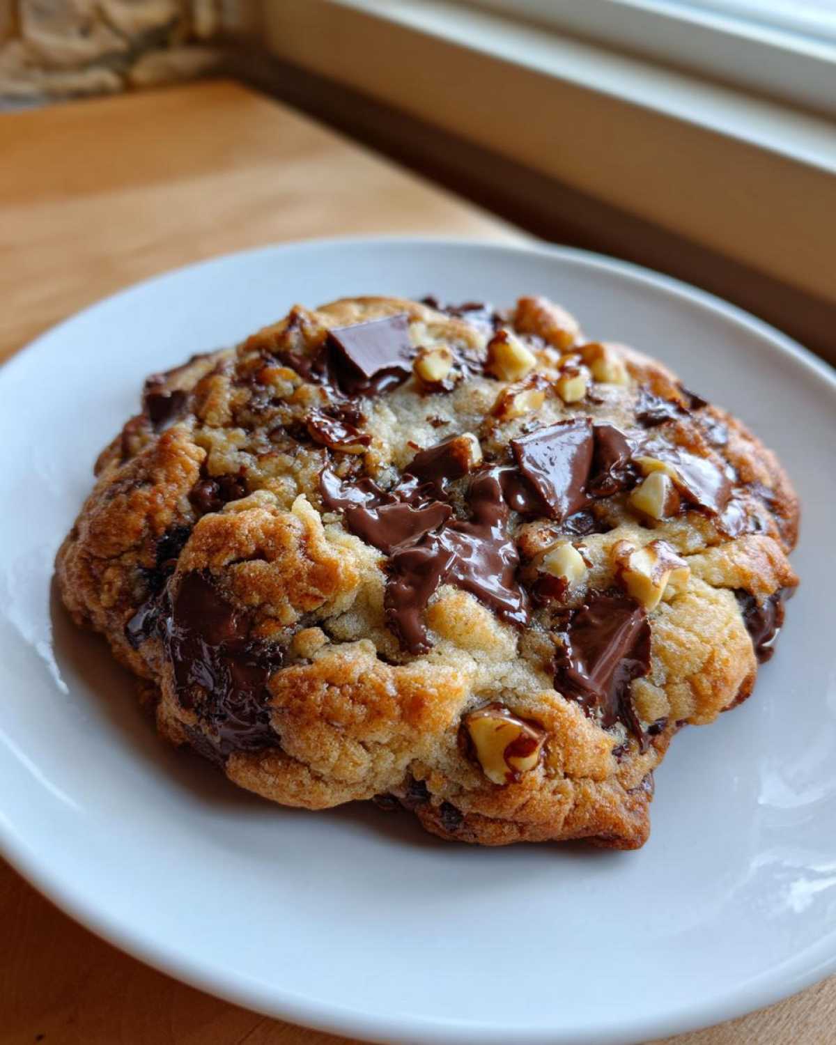 A thick, freshly baked levain bakery chocolate chip cookie with melted chocolate chunks and nuts on a white plate.