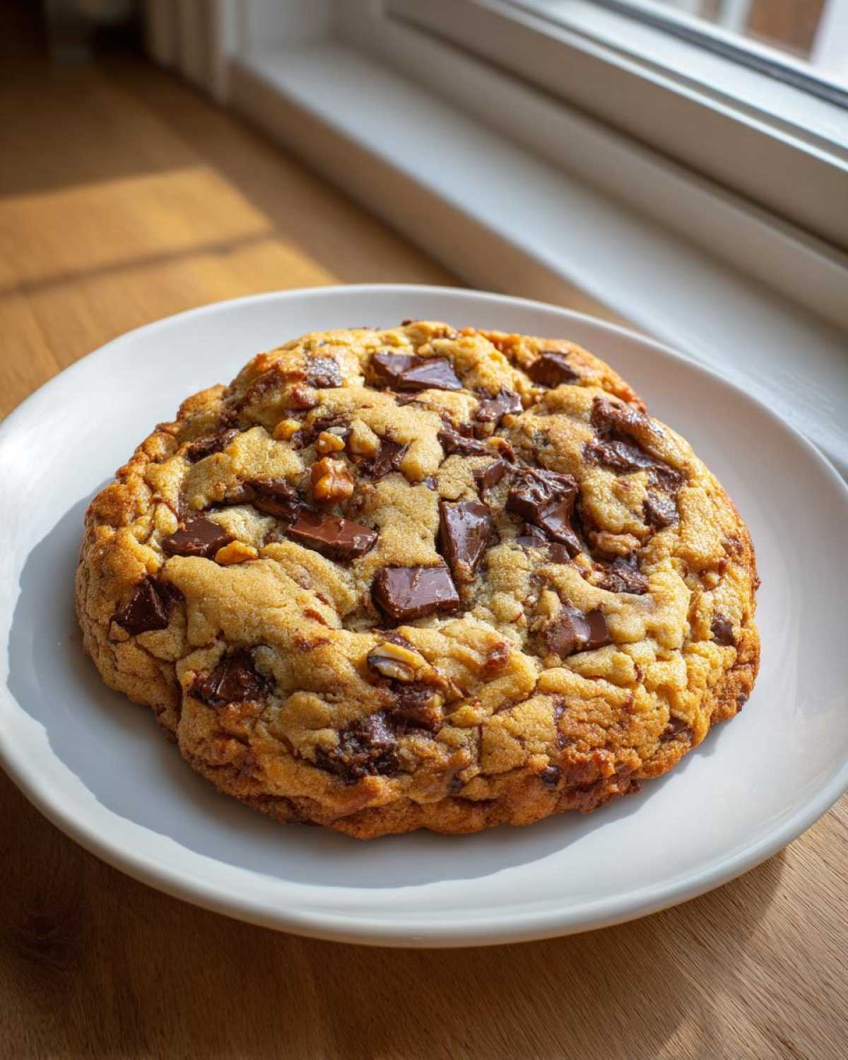 A thick, golden-brown levain bakery chocolate chip cookie loaded with large chocolate chunks, resting on a white plate near a window.