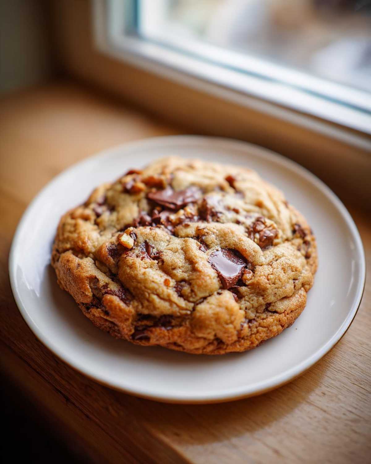 A thick, gooey levain bakery chocolate chip cookie topped with melted chocolate chunks, resting on a small white plate.