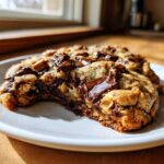 A close-up of a thick, gooey levain bakery chocolate chip cookie with melted chocolate chunks on a white plate.