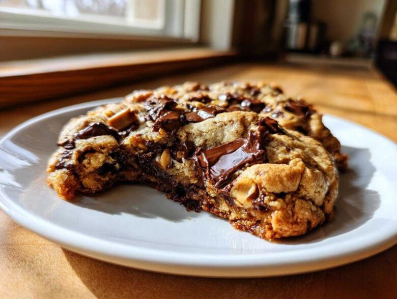 A close-up of a thick, gooey levain bakery chocolate chip cookie with melted chocolate chunks on a white plate.