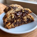 Close-up of a halved levain bakery chocolate chip cookie showing gooey, melted chocolate and walnuts inside.