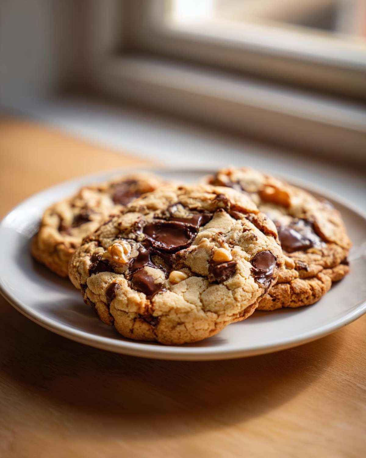 Close-up of three thick, chunky levain bakery chocolate chip cookies piled on a white plate near a window.