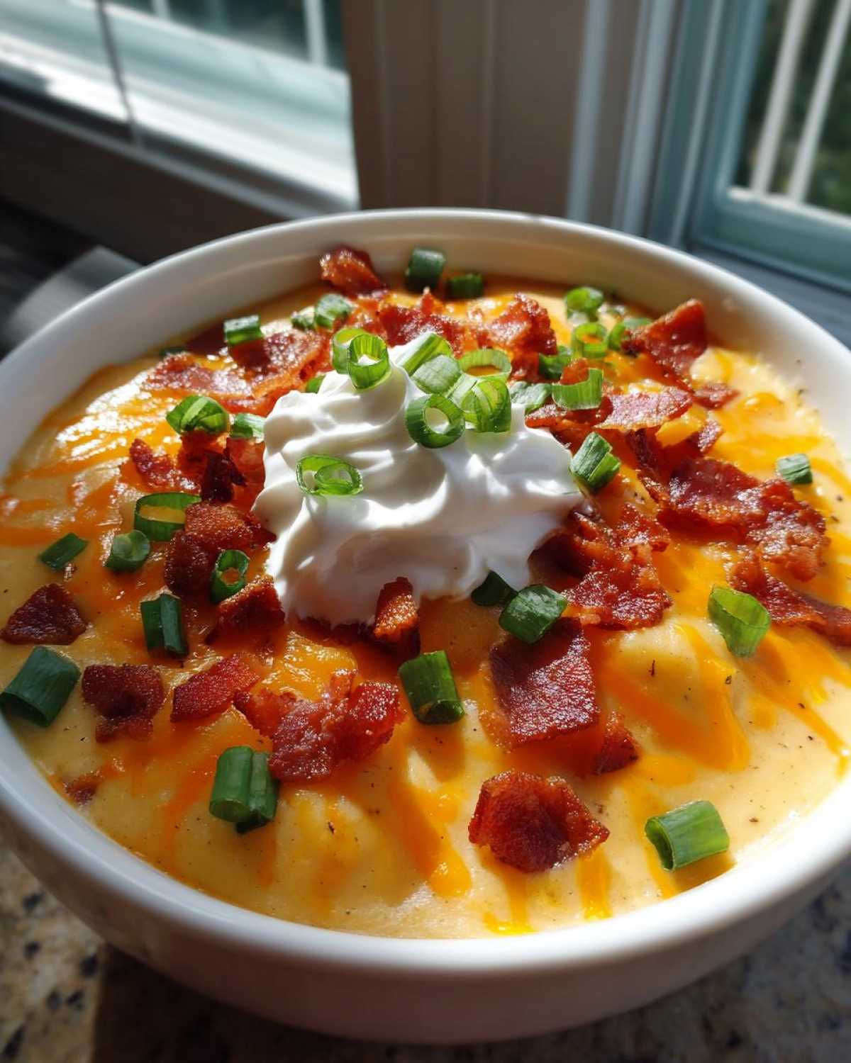 A close-up of a bowl of creamy loaded baked potato soup topped with sour cream, bacon bits, cheese, and green onions.