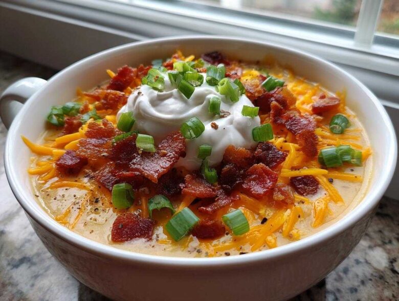 A close-up of a bowl of loaded baked potato soup topped with sour cream, shredded cheddar, bacon bits, and green onions.