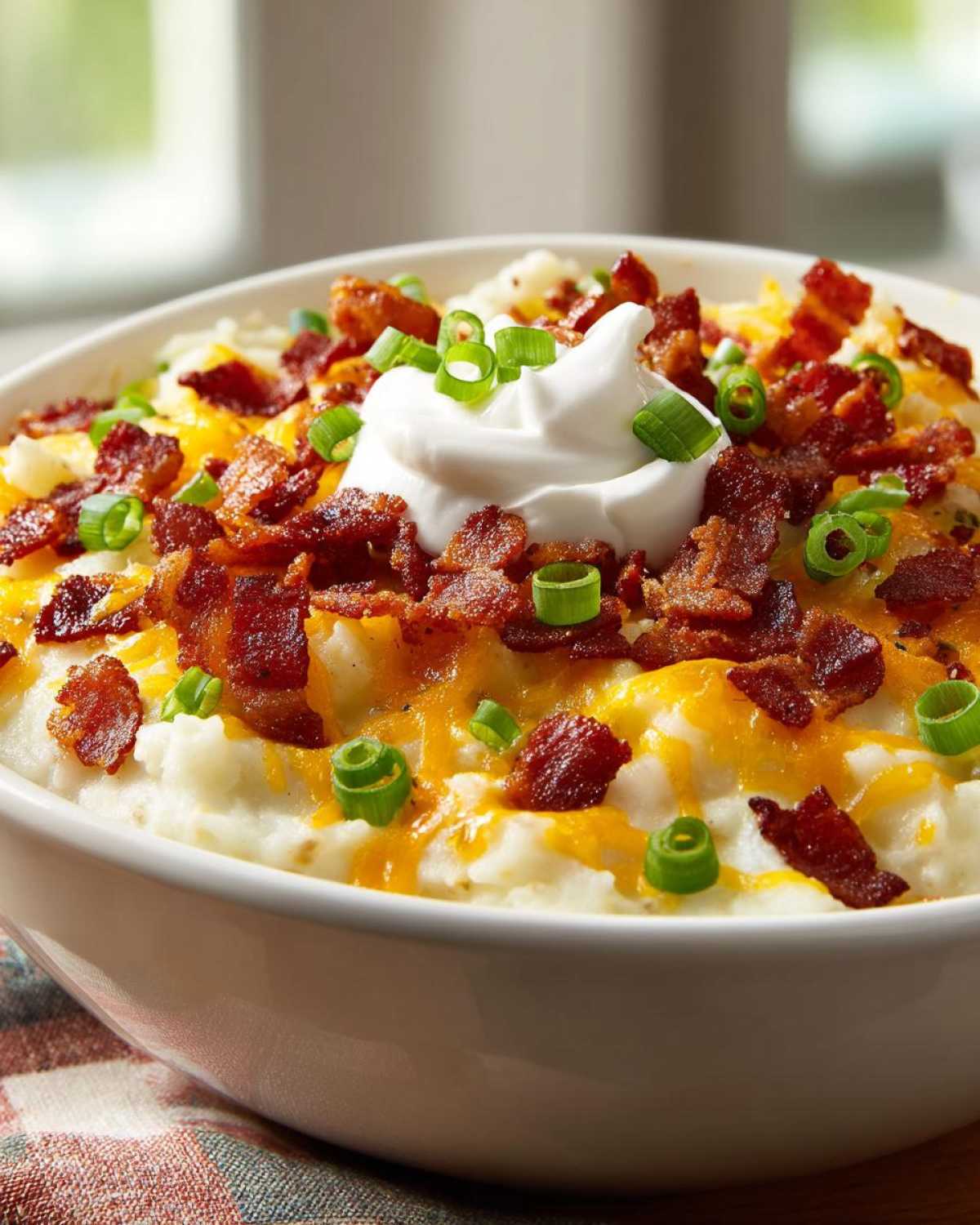 A close-up of a hearty bowl of loaded baked potato soup topped with melted cheddar, crispy bacon, sour cream, and green onions.