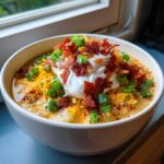 A creamy bowl of loaded baked potato soup topped generously with sour cream, shredded cheddar, crispy bacon bits, and green onions.