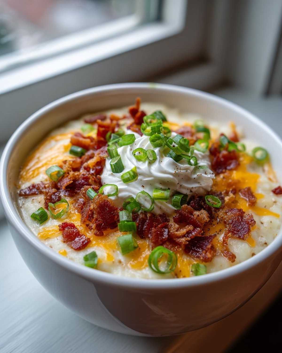 A close-up of a bowl of creamy loaded baked potato soup topped with sour cream, bacon bits, shredded cheese, and chives.