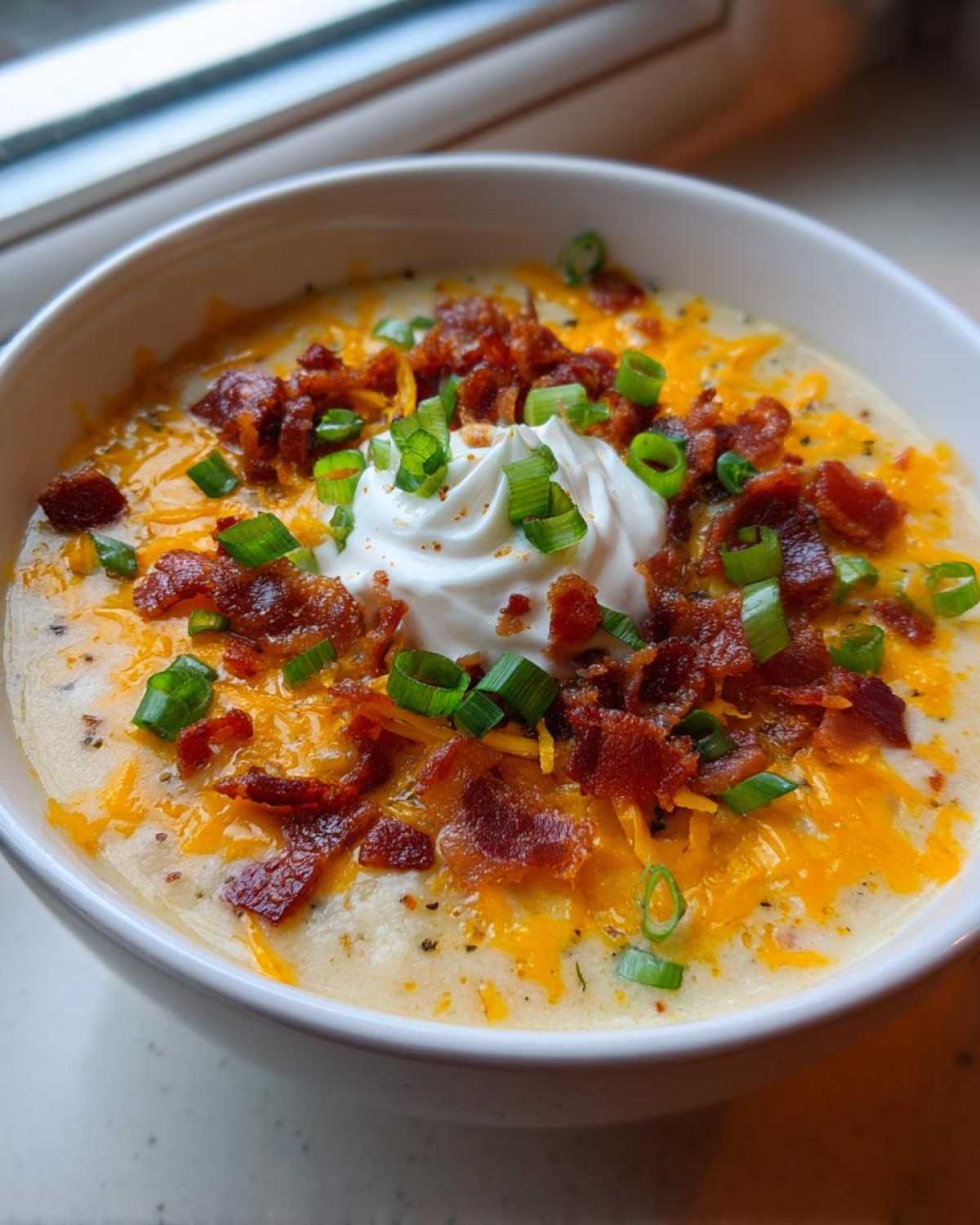 A creamy bowl of loaded baked potato soup topped generously with bacon, cheddar cheese, sour cream, and green onions.