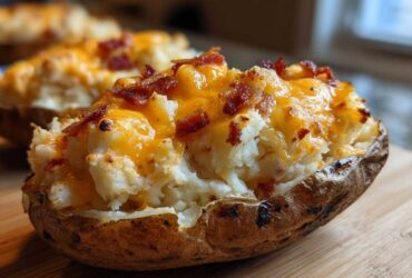 A close-up of a perfectly loaded twice baked potato stuffed with creamy filling, melted cheddar cheese, and crispy bacon bits.
