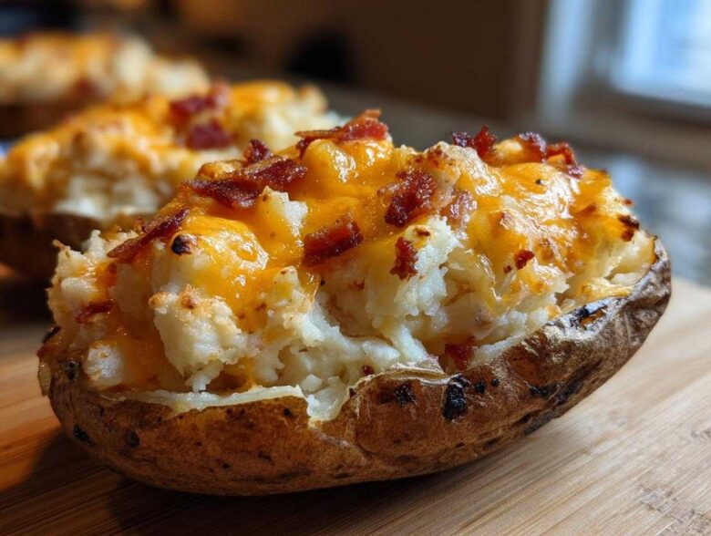 A close-up of a perfectly loaded twice baked potato stuffed with creamy filling, melted cheddar cheese, and crispy bacon bits.