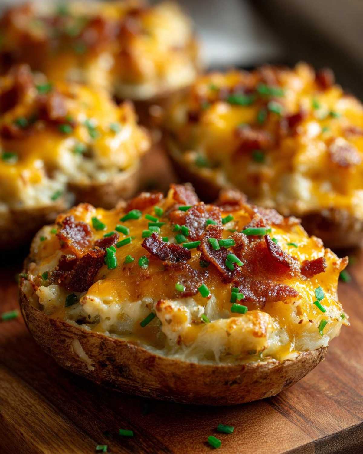 A close-up of a perfectly prepared twice-baked potato topped with melted cheddar cheese, bacon bits, and fresh chives.