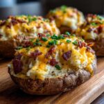 Close-up of a loaded twice-baked potato topped with melted cheddar cheese, bacon bits, and fresh chives.