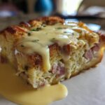 A close-up of one slice of make-ahead eggs benedict casserole topped with rich hollandaise sauce.
