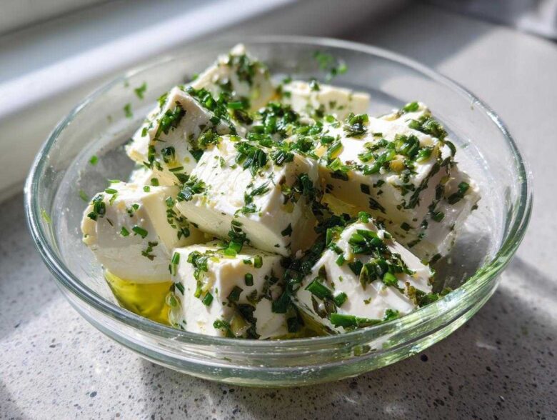Cubes of white cheese soaking in oil and heavily topped with chopped green chives, ready for serving as marinated cheese.