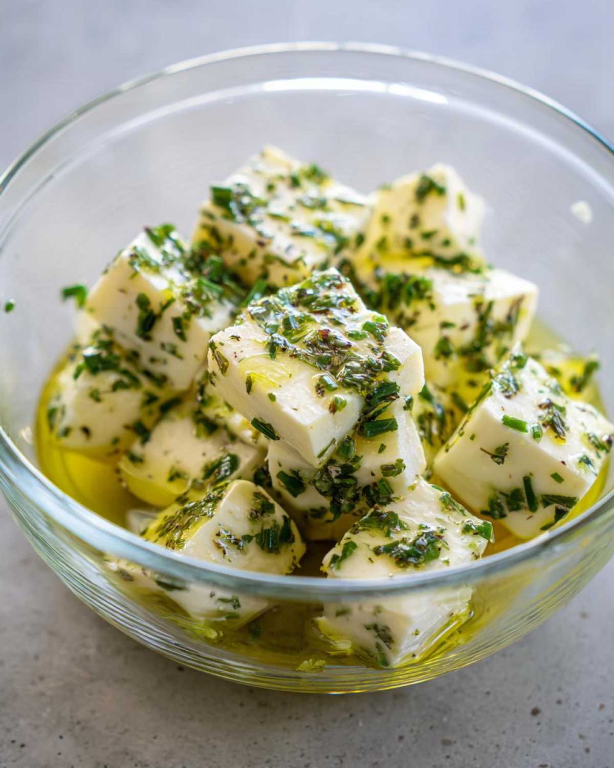 Close-up of cubed white cheese soaking in olive oil and topped with fresh green herbs, ready for marinated cheese appetizer.