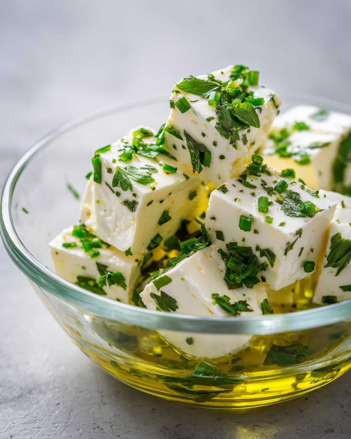 Close-up of cubed marinated cheese sprinkled with green herbs, resting in olive oil in a clear glass bowl.