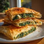 A stack of golden, flaky Mediterranean Spinach and Feta Cheese Crisps cut into squares, showing the rich green filling.