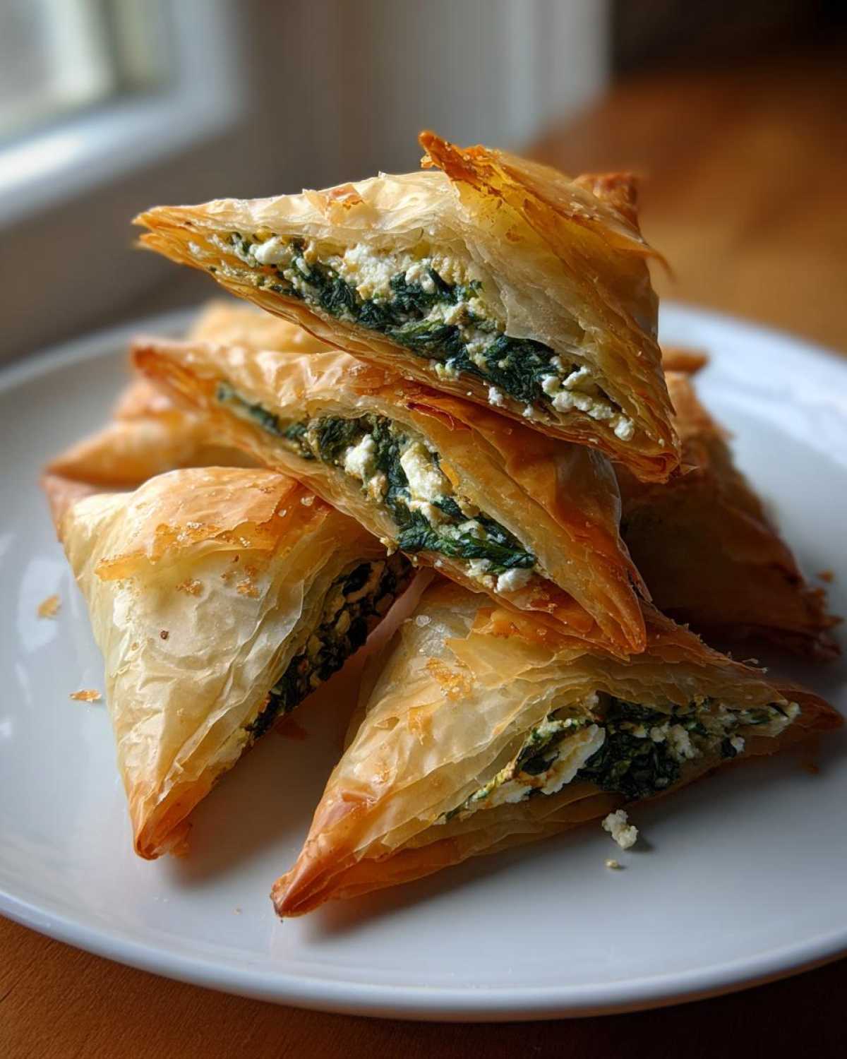 A stack of golden, flaky Mediterranean Spinach and Feta Cheese Crisps cut into triangles, showing the filling.