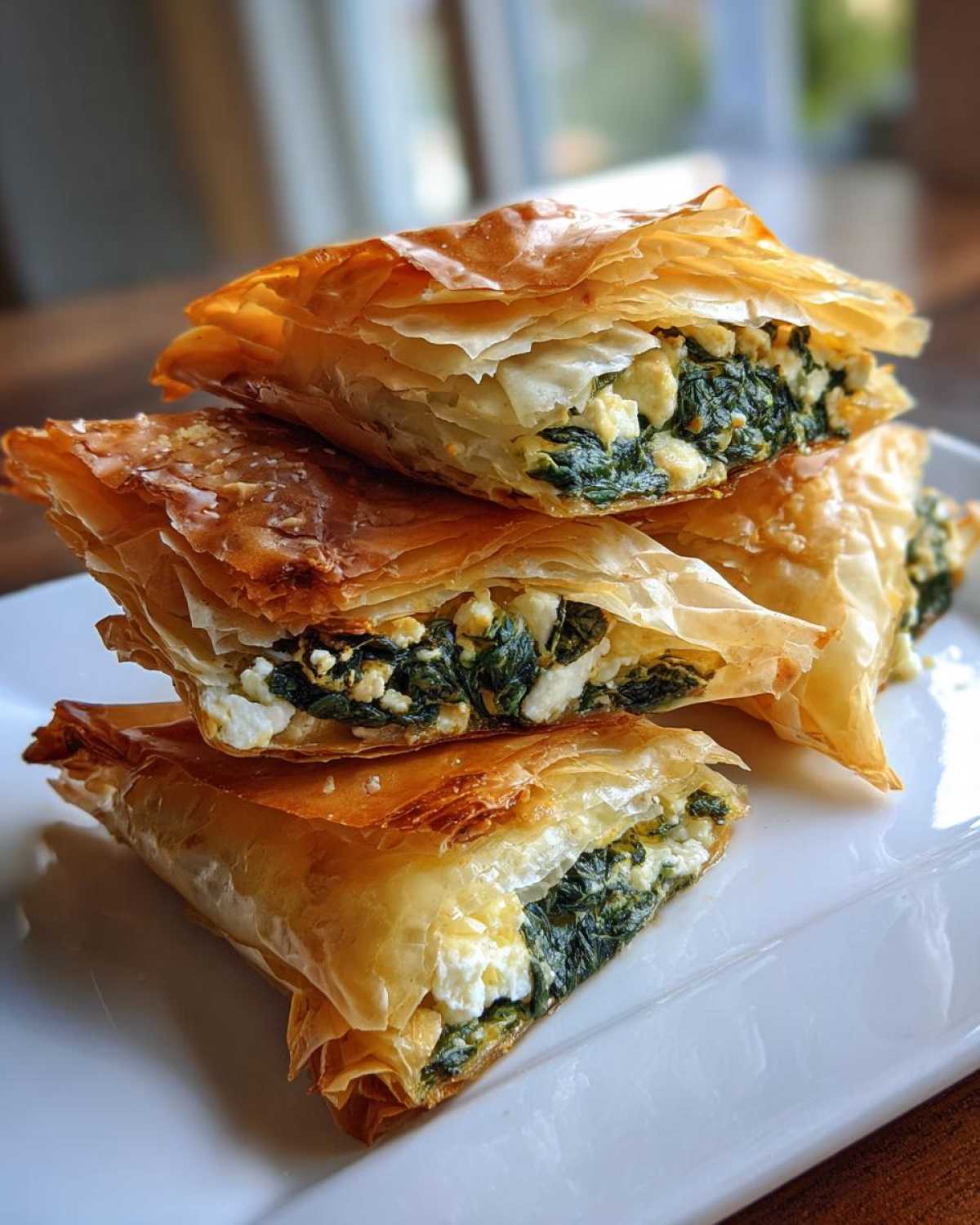 A stack of golden, flaky Mediterranean Spinach and Feta Cheese Crisps cut in half, showing the rich green filling.