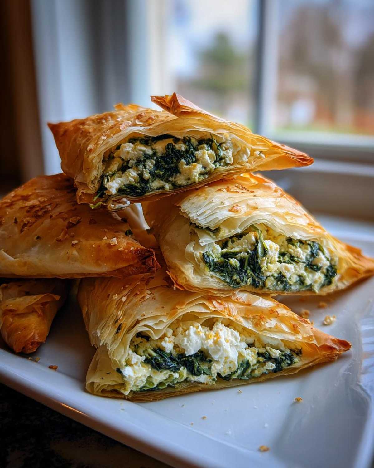 A stack of golden, flaky Mediterranean Spinach and Feta Cheese Crisps cut open to show the filling.