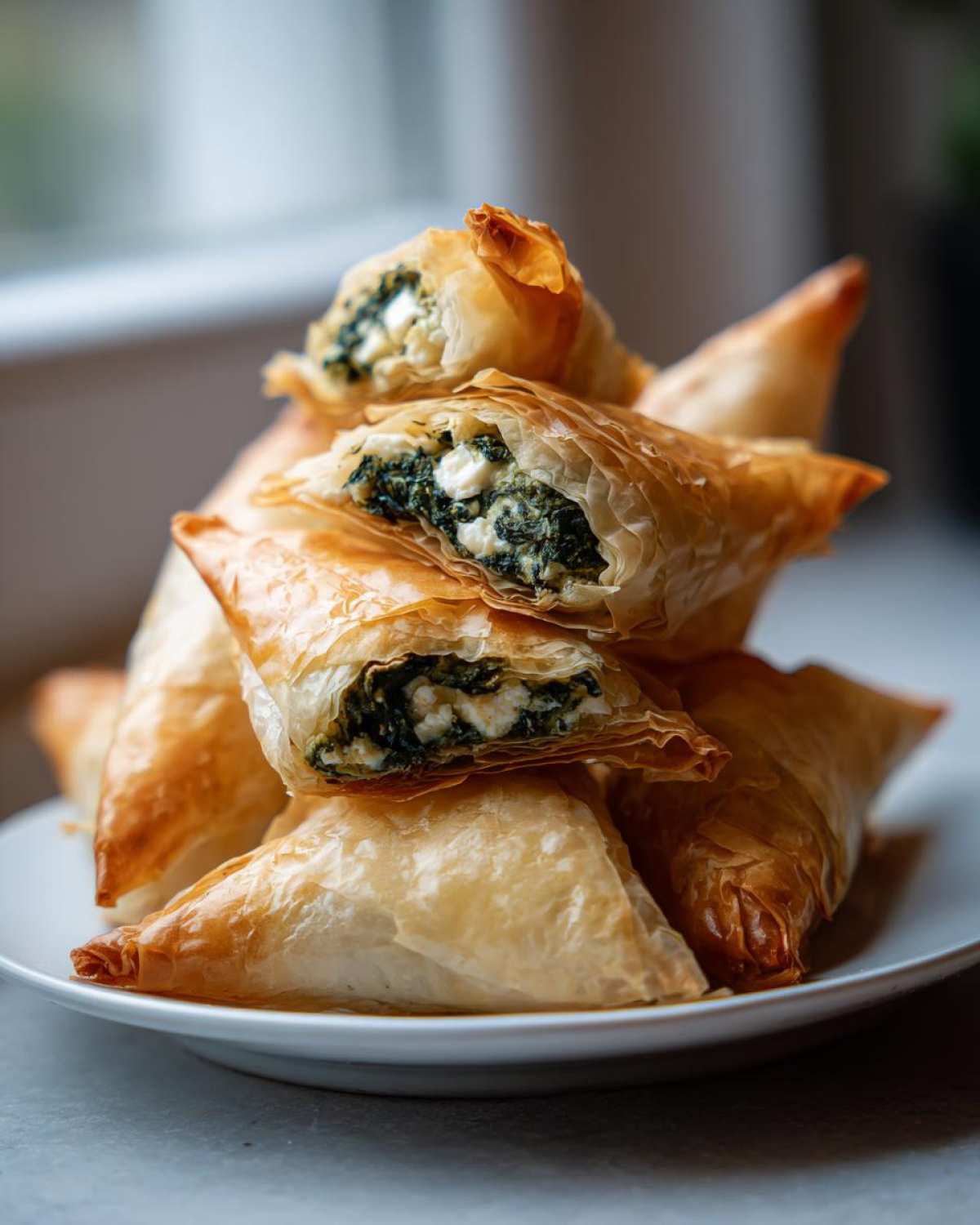 Close-up of flaky, golden Mediterranean Spinach and Feta Cheese Crisps stacked on a white plate, showing the spinach and feta filling.