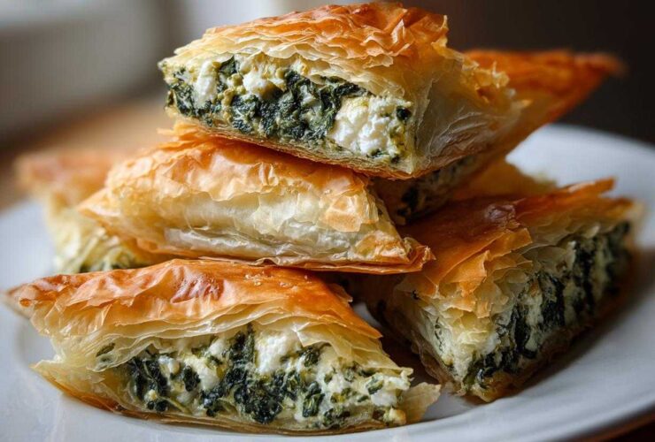 Close-up of flaky, golden Mediterranean Spinach and Feta Cheese Crisps stacked on a white plate.