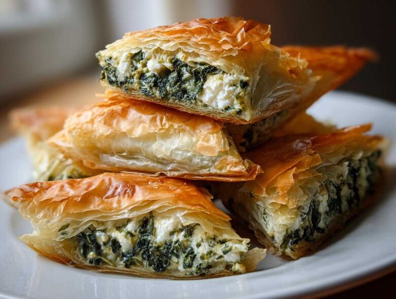 Close-up of flaky, golden Mediterranean Spinach and Feta Cheese Crisps stacked on a white plate.