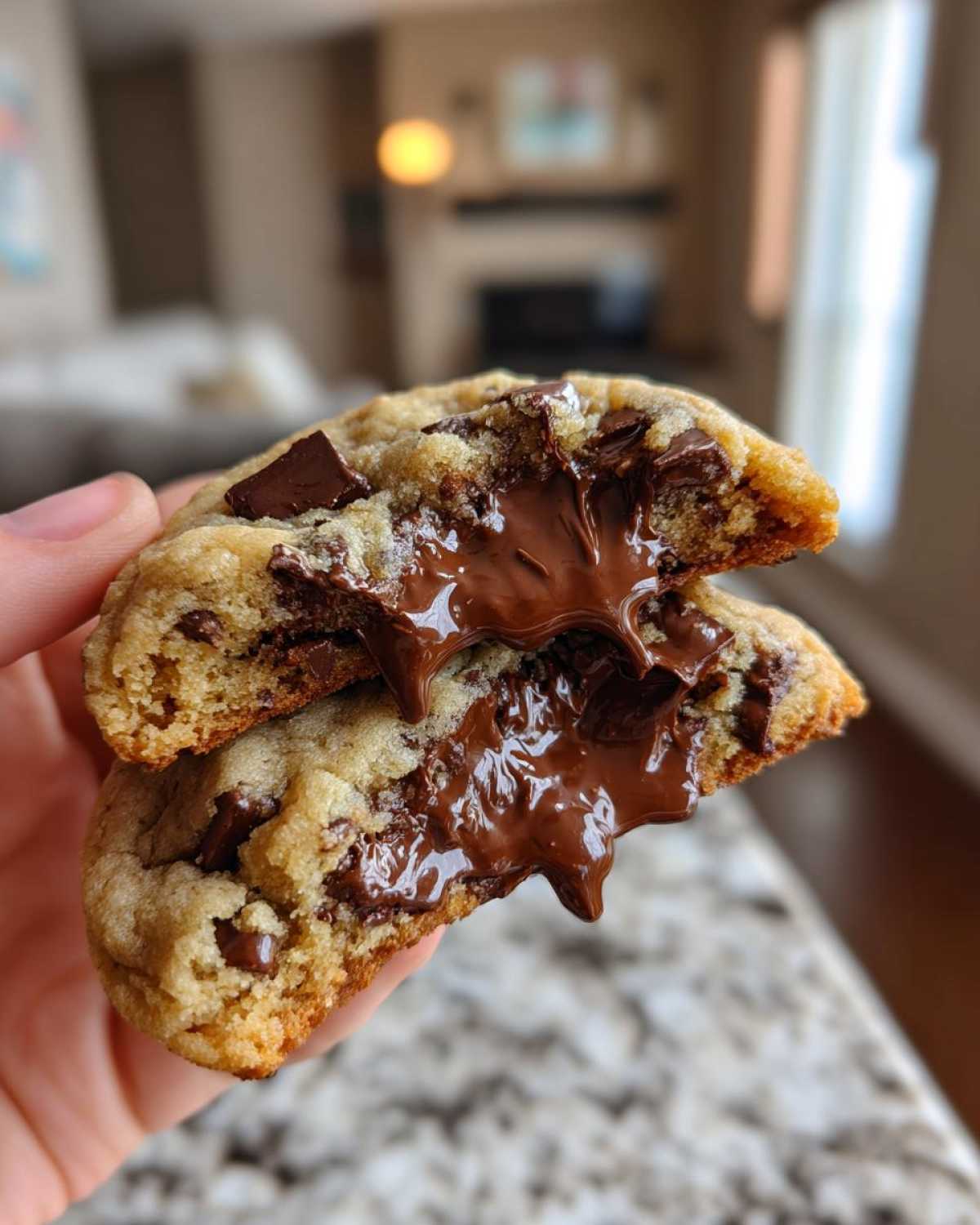 A hand pulling apart a warm cream cheese chocolate chip cookie, revealing gooey, melted chocolate center.