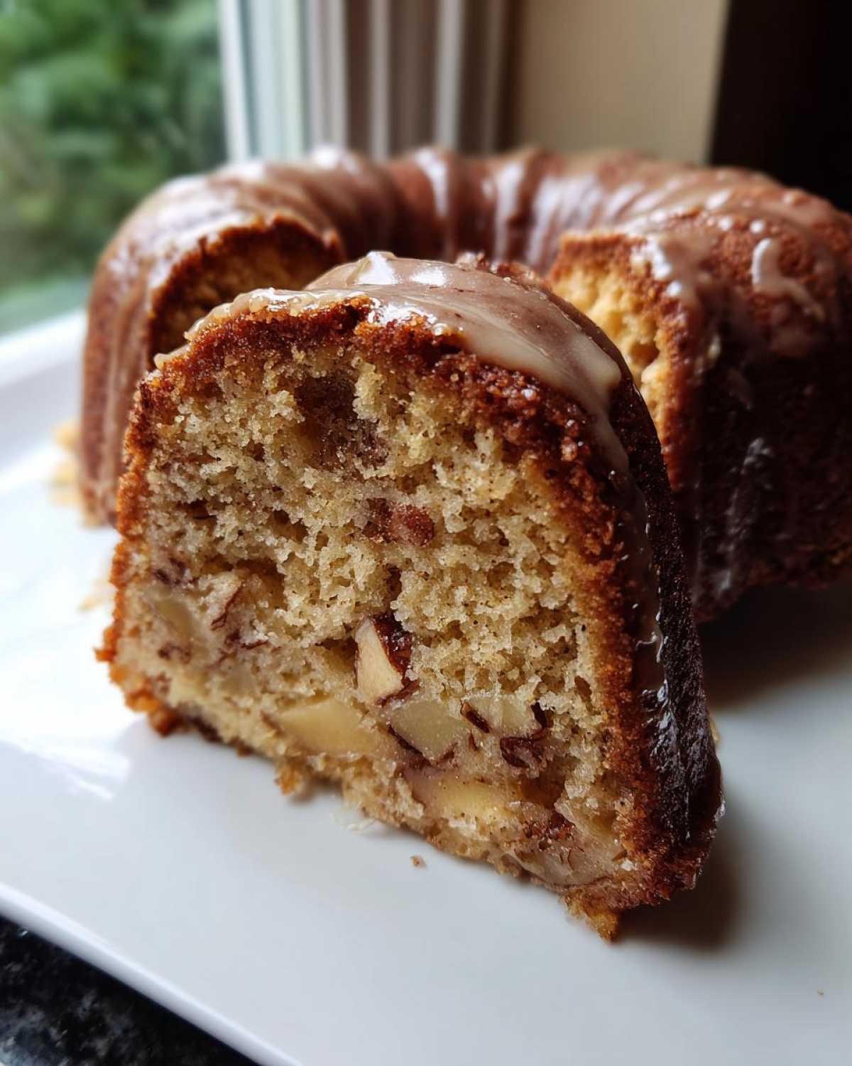 Close-up of a slice of moist apple bundt cake showing chunks of apple and nuts, topped with a light glaze.