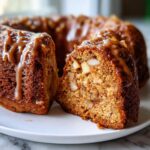 A close-up of a slice cut from a moist apple bundt cake, showing chunks of apple inside and topped with a rich caramel glaze.