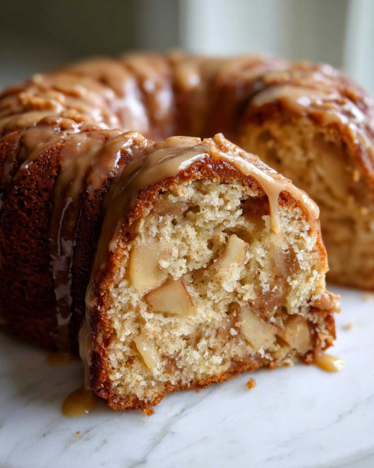 Close-up of a slice cut from a moist apple bundt cake, topped with a thick caramel glaze.