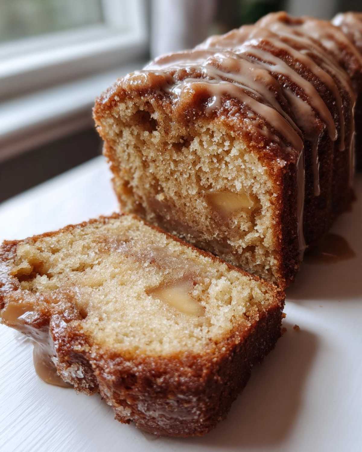 Close-up of a moist apple bundt cake slice showing soft texture and chunks of apple inside, topped with caramel glaze.