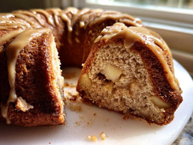 Close-up of a slice cut from a moist apple bundt cake, showing apple chunks inside and drizzled with caramel glaze.