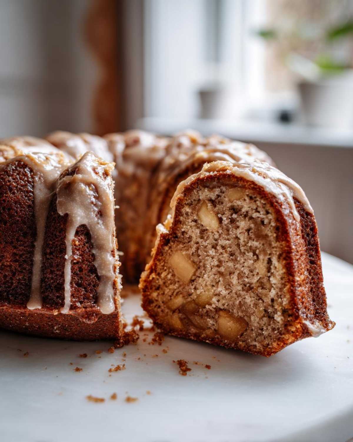Close-up of a moist apple bundt cake with a slice cut out, showing chunks of apple inside and a dripping glaze.