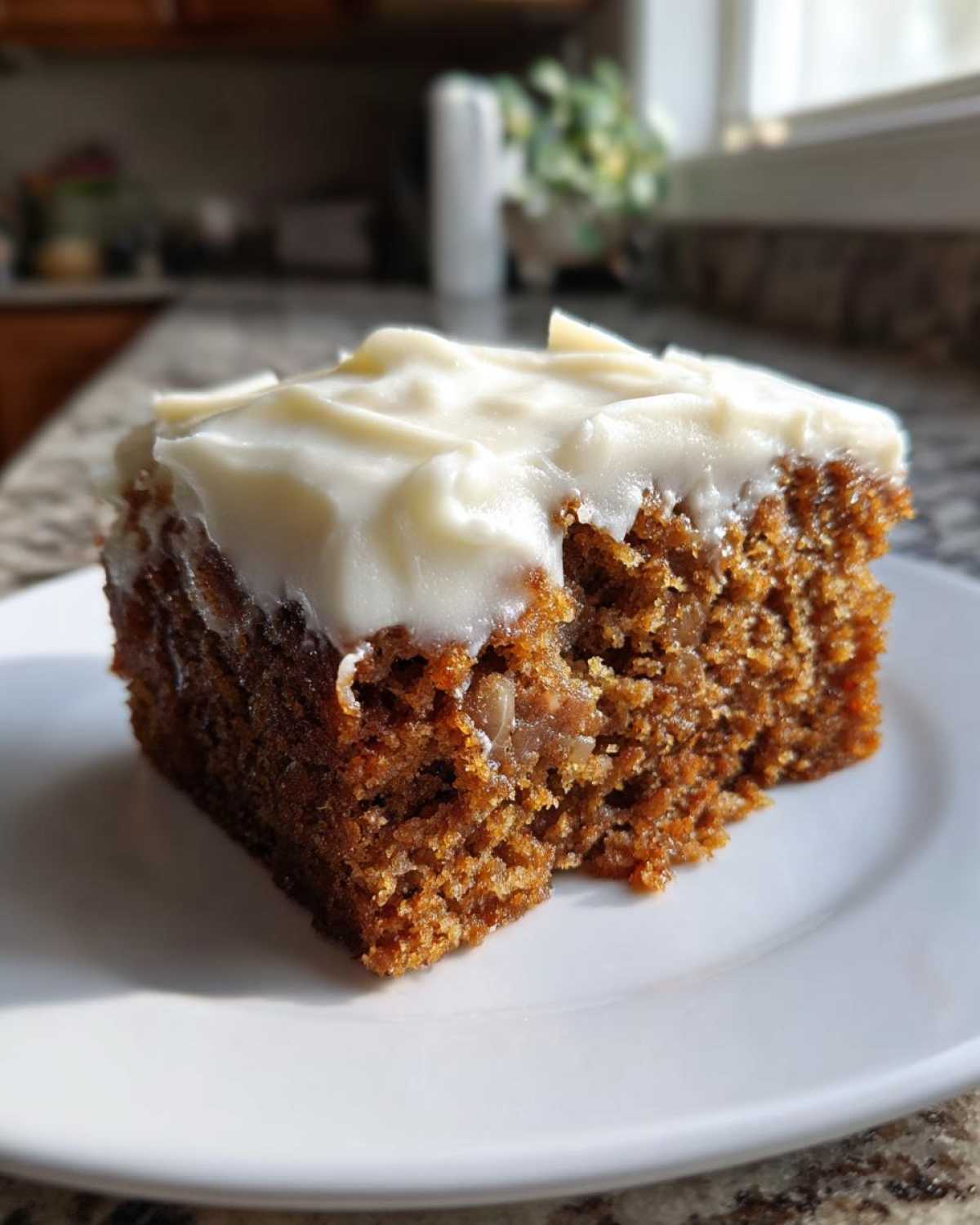 Close-up of a square slice of moist, dark brown applesauce cake topped with thick white frosting.