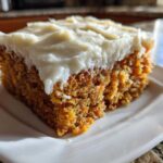 A close-up of a moist slice of applesauce cake topped with thick, white cream cheese frosting.