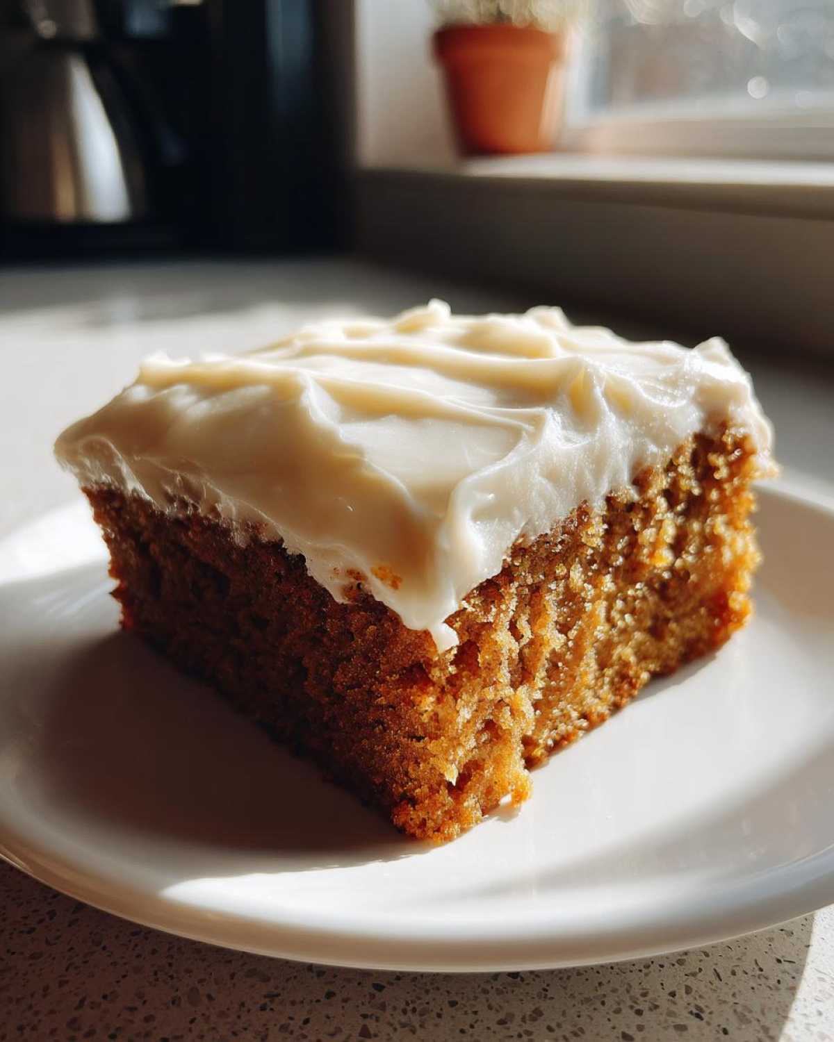 A square slice of moist applesauce cake topped with thick, creamy white frosting sitting on a white plate.
